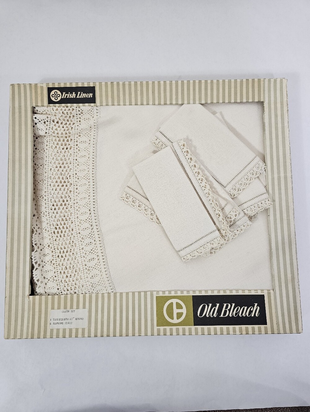 Old Bleach Irish Linen Tablecloth Set in Off-White with Crochet Trim